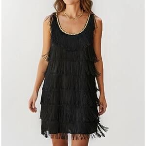 Charades VTG Black Fringe Flapper Dress S Halloween Costume Cosplay 20s Gatsby